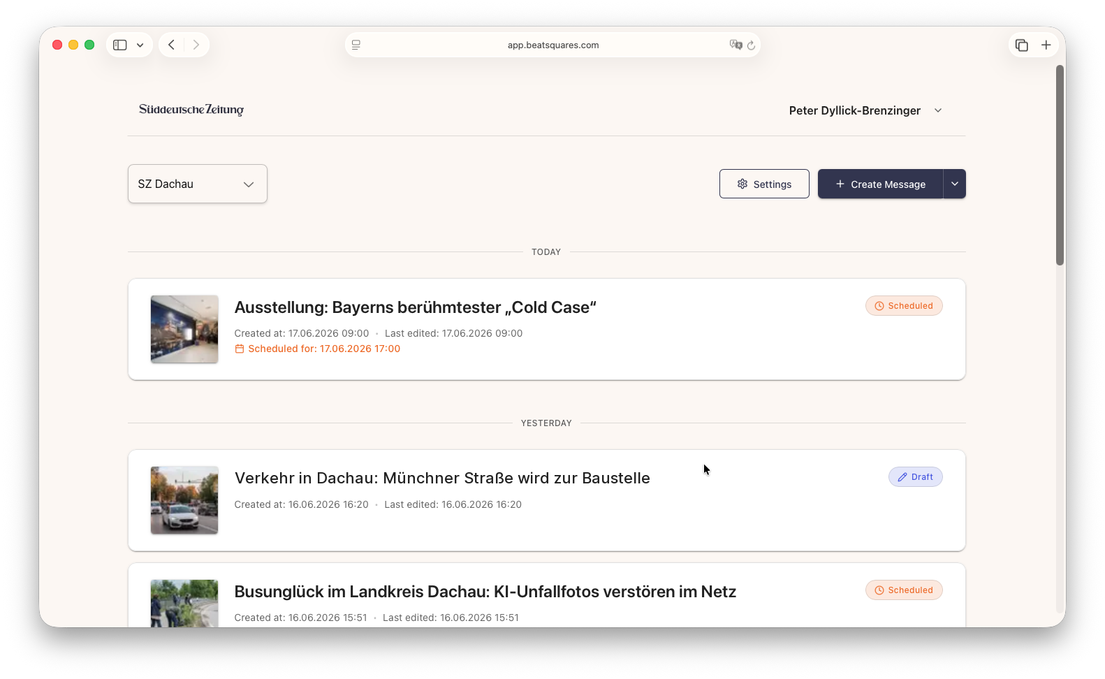 The SZ Dachau WhatsApp channel in the beatsquares interface